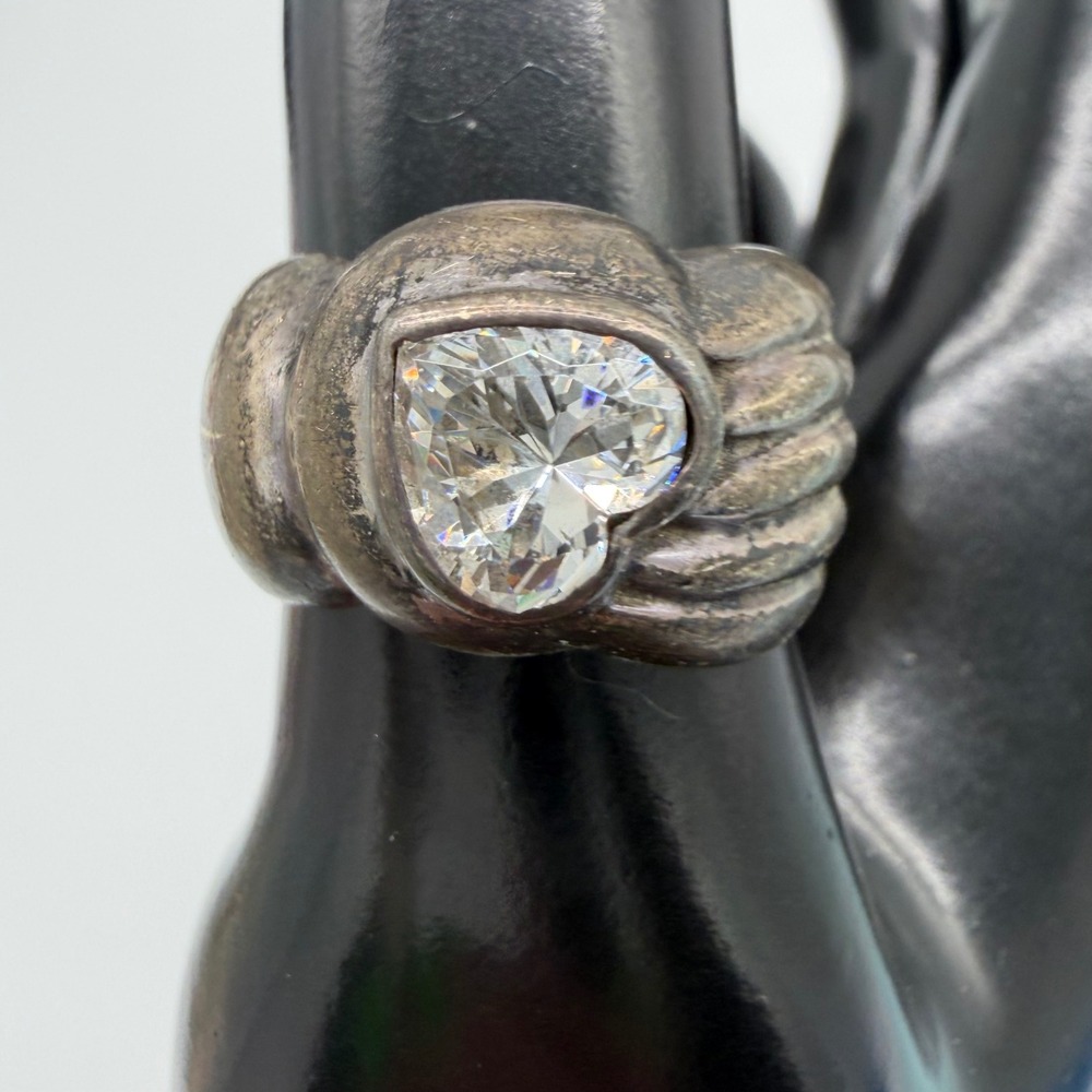 Vintage 925 Sterling Silver Heart CZ Cocktail Ring Size 7 Chunky